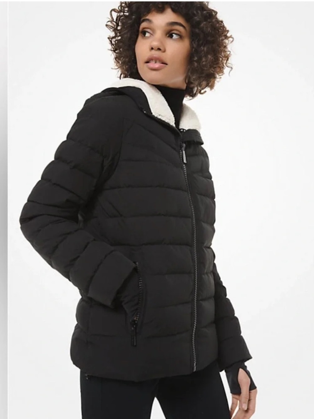 Michael Kors Black Quilted Hooded Puffer Jacket with Sherpa Trim